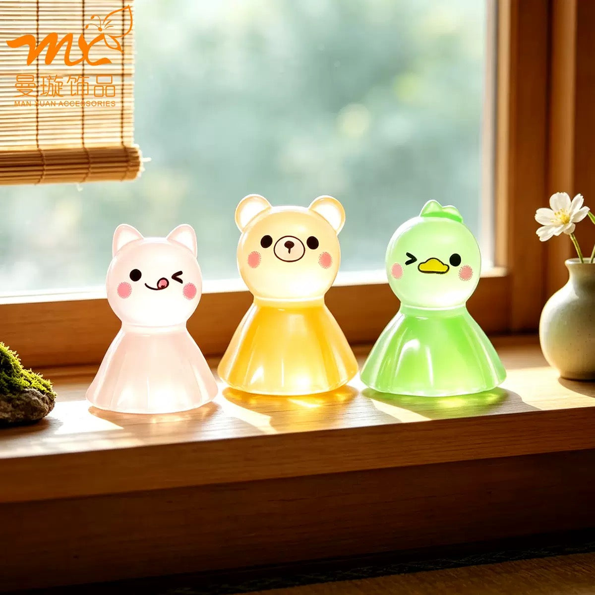 Glow animal figurines by window