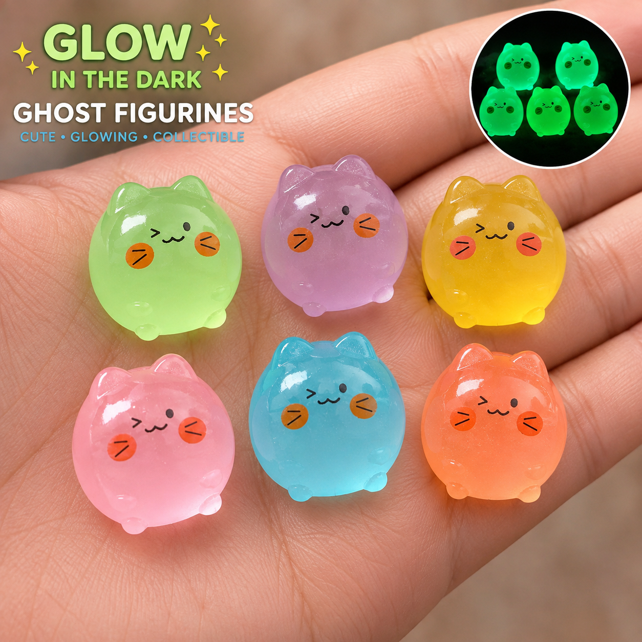 Glow in the dark cute cat resin figurines on hand