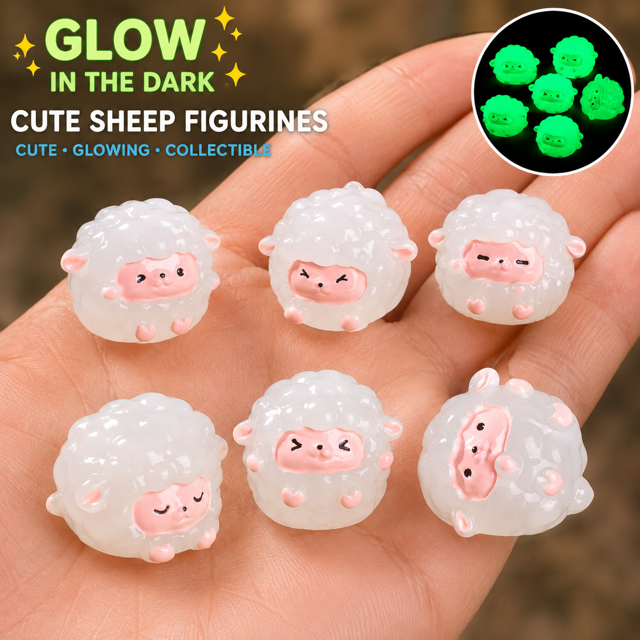 Glow in the dark cute sheep figurines on hand