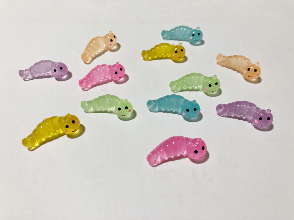 Glow in the Dark Caterpillar Resin Charms | Luminous Flatback Cabochons for DIY Crafts (15x36mm)
