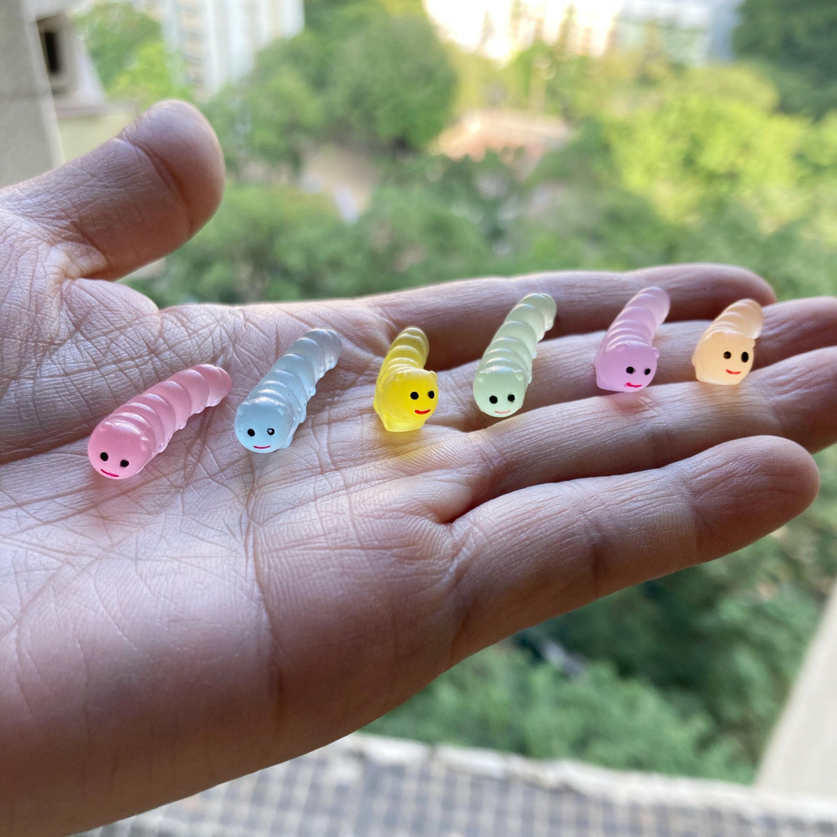 Cute glow in the dark caterpillar resin cabochons for DIY crafts